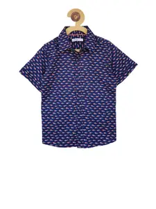 Campana Boys Navy Blue Regular Fit Printed Casual Shirt