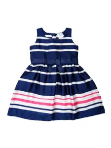 Doodle Girls Navy Blue & White Striped Fit and Flare Dress