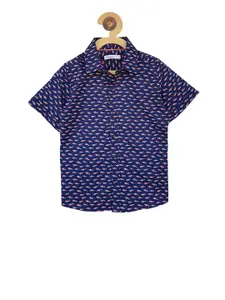 Campana Boys Navy Blue Regular Fit Printed Casual Shirt