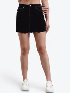 Kotty Women Black Solid Mini Denim A-Line Skirt