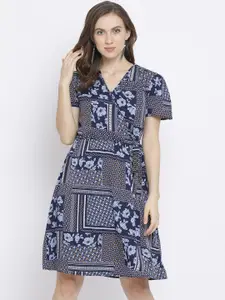 Oxolloxo Women Navy Blue Printed Wrap Dress