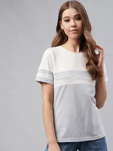 RARE Women Grey & White Colourblocked Round Neck T-shirt