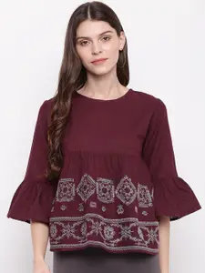 Mayra Women Maroon Embroidered A-Line Top