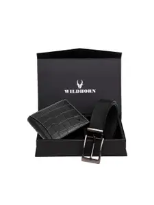 WildHorn Men Black RFID Protected Genuine Leather Wallet & Belt Accessory Gift Set