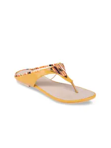 Shezone Women Mustard Yellow Printed Open Toe Flats