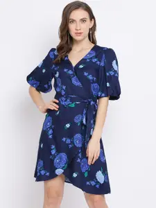 Oxolloxo Women Blue Floral Printed Wrap Dress