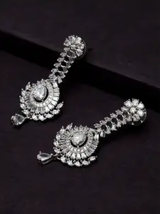 PANASH Silver Rhodium-Plated & White American Diamond Contemporary Drop Earrings