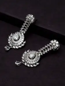 PANASH Silver Rhodium-Plated & White American Diamond Contemporary Drop Earrings