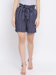 Oxolloxo Women Navy Blue Striped Regular Fit Regular Shorts