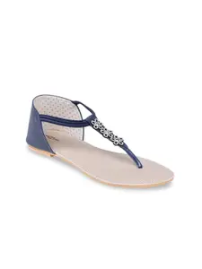 Shezone Women Blue Embellished T-Strap Flats