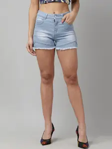 KASSUALLY Women Blue Solid Regular Fit Denim Shorts