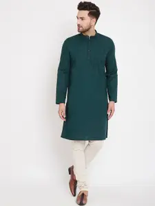 even Men Green Woven Design Pathani Kurta