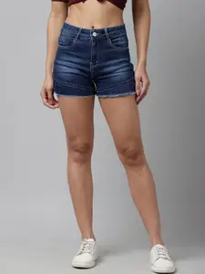 KASSUALLY Women Navy Blue Solid Regular Fit Denim Shorts