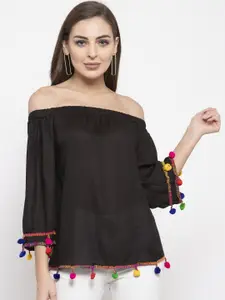 Purple State Women Black Solid Bardot Top