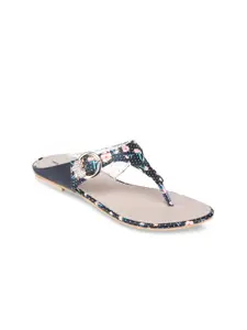 Shezone Women Black & Pink Printed T-Strap Flats