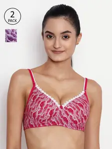 ABELINO Pack Of 2 Pink & Purple Printed Non-Wired Lightly Padded T-shirt Bras