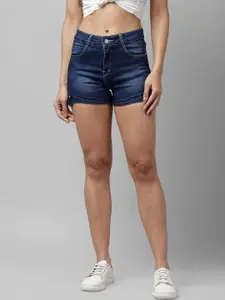 KASSUALLY Women Navy Blue Solid Regular Fit Denim Shorts