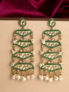 ANIKAS CREATION Green & Gold-Plated Layered Enamelled Contemporary Drop Earrings