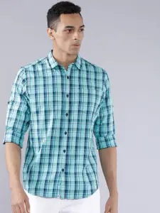 LOCOMOTIVE Men Turquoise Blue & Navy Blue Slim Fit Checked Casual Shirt