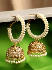 ANIKAS CREATION Off-White & Gold-Plated Pearl Embellished Dome Shaped Jhumkas
