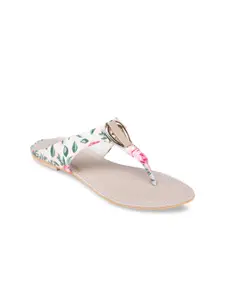 Shezone Women Cream-Coloured Printed T-Strap Flats