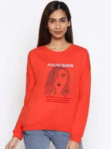 People Women Orange Printed Cotton Sweatshirt