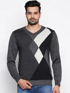 BYFORD by Pantaloons Men Acrylic Grey Melange & White Colourblocked Pullover Sweater