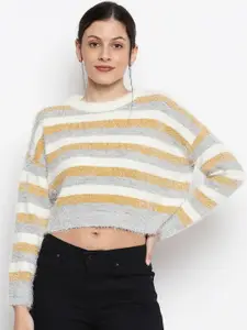 People Women Yellow & Grey Striped Cropped Pullover Sweater