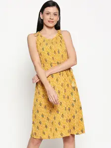 People Women Mustard Printed Fit and Flare Dress