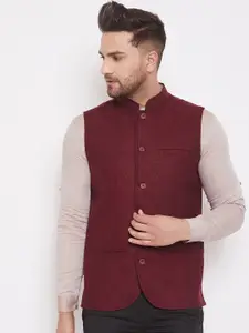 even Men Maroon Woven-Design Nehru Jacket