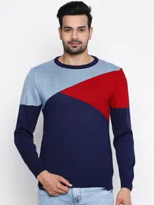 BYFORD by Pantaloons Men Blue & Red Colourblocked Pullover Sweater