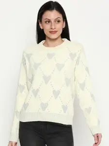 People Women White & Grey Self-Design Pure Woolen Pullover Sweater