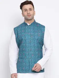 NAMASKAR Men Blue & White Woven-Design Nehru Jacket