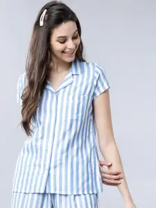 Tokyo Talkies Women Blue & White Regular Fit Striped Sleep Shirt