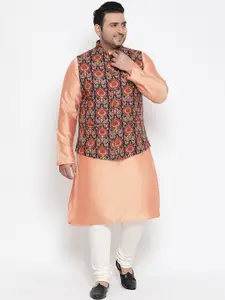 KISAH PLUS Men Peach-Coloured & Off-White Solid Kurta with Churidar & Nehru Jacket