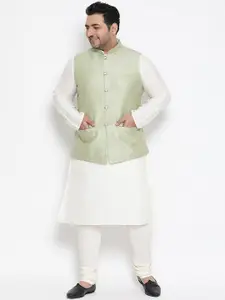 KISAH PLUS Men White & Green Solid Kurta with Churidar & Jacket