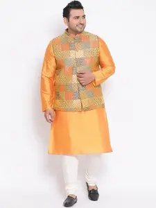 KISAH PLUS Men Orange & White Solid Kurta with Churidar & Nehru Jacket