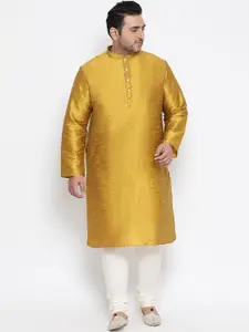 KISAH PLUS Men Off-White & Mustard Yellow Solid Kurta with Pyjamas & Nehru Jacket