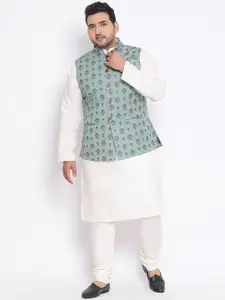 KISAH PLUS Men White & Green Solid Kurta with Pyjamas & Nehru Jacket