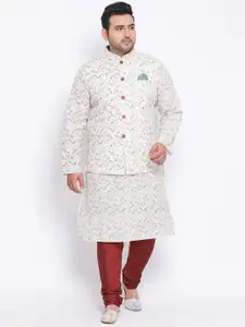 KISAH PLUS Men White & Maroon Printed Kurta with Churidar & Nehru Jacket