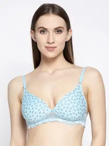 PrettyCat Women Turquoise Blue & Maroon Printed Non-Wired Lightly-Padded T-Shirt Bra PC-BR-6026