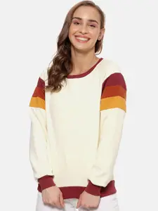 Campus Sutra Women Cream-Coloured Colourblocked Sweatshirt