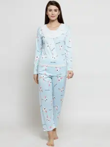 Claura Women Blue & White Printed Night Suit