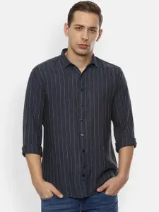 V Dot Men Navy Blue Slim Fit Striped Casual Shirt