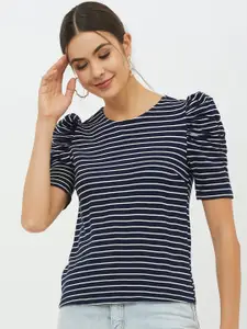 Harpa Women Navy Blue Striped Round Neck T-shirt