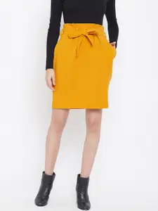 Zastraa Women Mustard Yellow Solid A-Line Ankle-Length Skirt With Belt