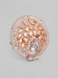 Rubans Rose Gold-Plated & White CZ Studded Adjustable Finger Ring