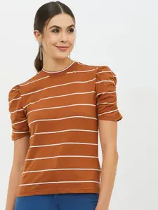 Harpa Women Rust Striped Round Neck T-shirt