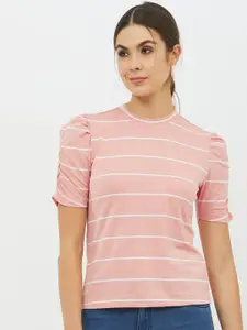 Harpa Women Pink Striped Round Neck T-shirt