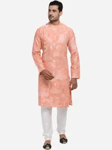 JADE BLUE Men Peach-Coloured & White Printed Kurta with Trousers